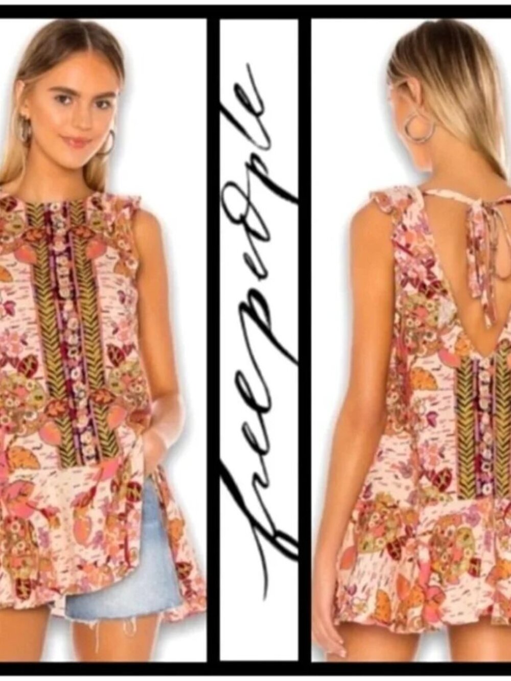 Free People Floral Tulum Linen Blend Sleeveless Ruffle Boho Top XS